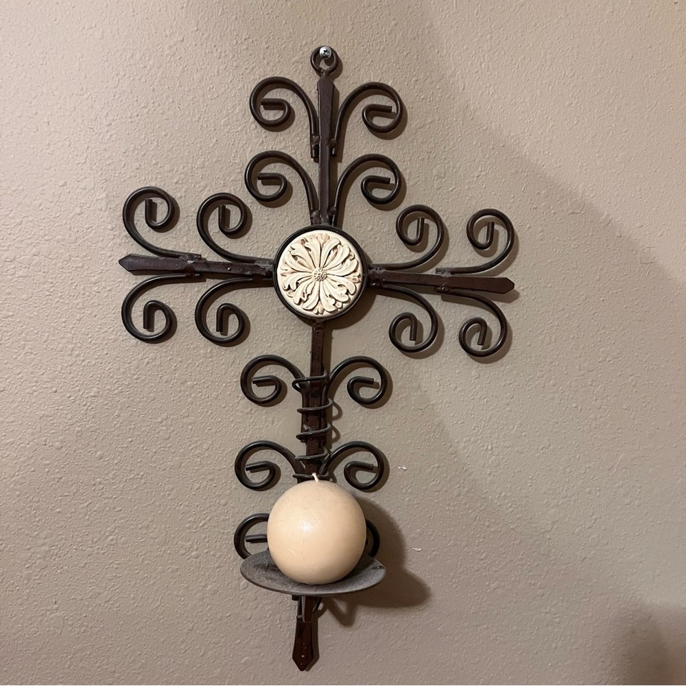 Elegant Brown Wall Cross and Cream candle holder